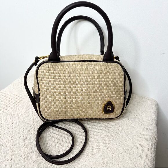 Vintage Etienne Aigner Straw Mini Crossbody Satchel Oxblood Faux Leather Trim - Picture 1 of 10
